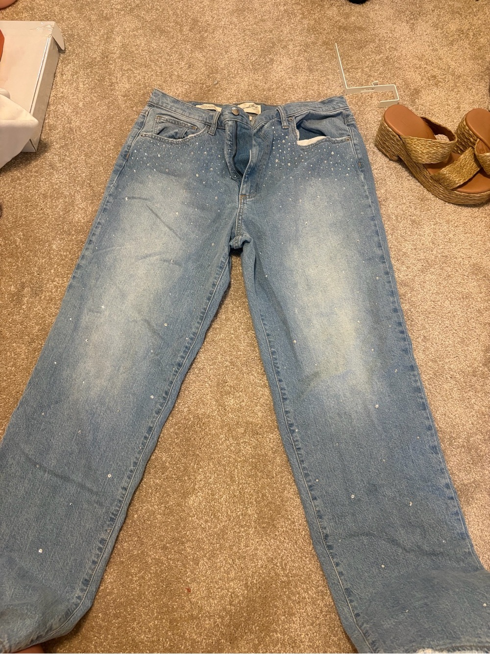 Universal Thread Light Blue Straight-Leg Jeans with Rhinestone Dots